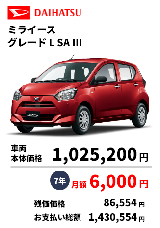 ミライース グレード L SA III 車両 本体価格 1,025,200円 7年月額 6,000円 残価価格 86,554円 お支払い総額 1,430,554円